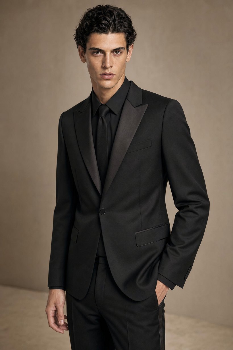 Black Slim Suit with Satin Peak Lapel — front styling