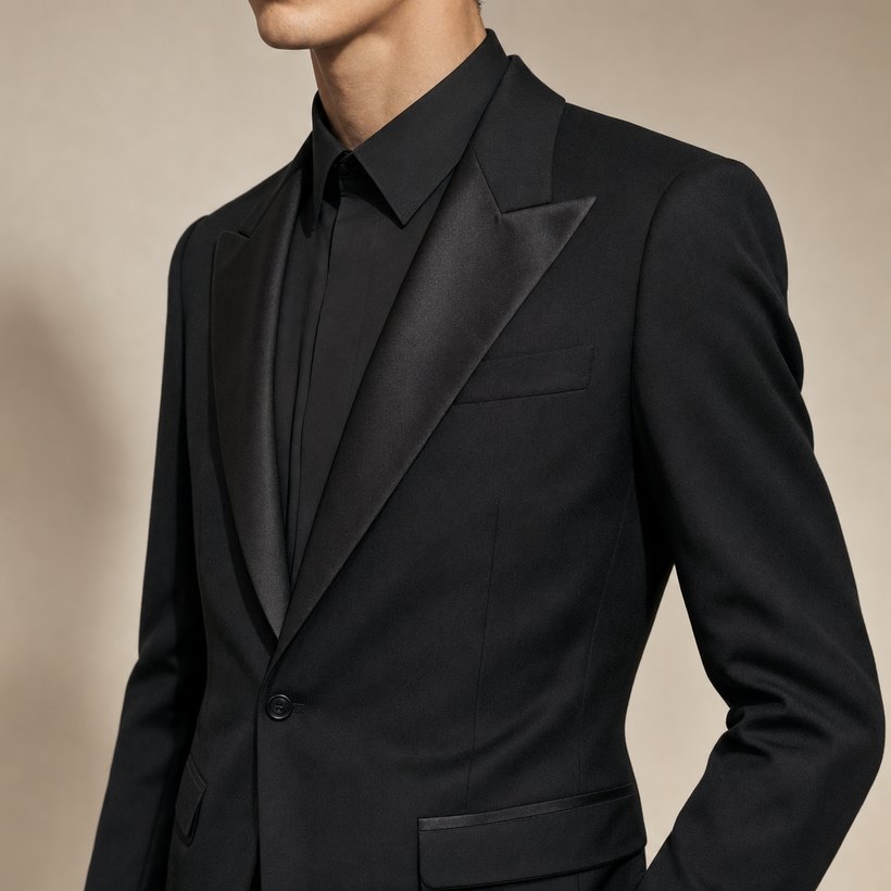 Black Slim Suit with Satin Peak Lapel — lapel and collar detail