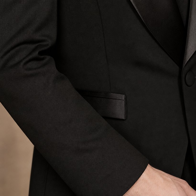 Black Slim Suit with Satin Peak Lapel — fabric close-up