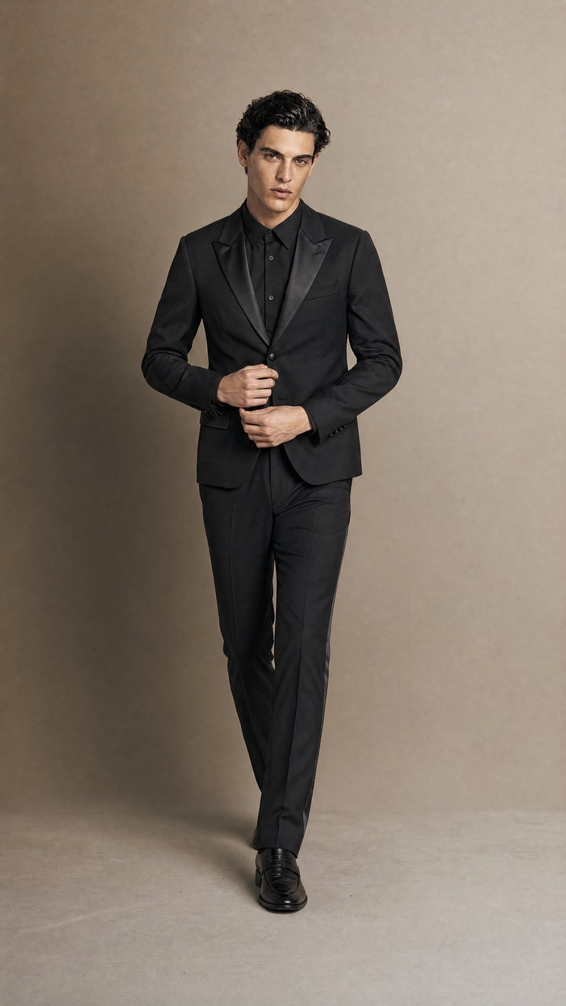 Black Slim Suit with Satin Peak Lapel — construction detail