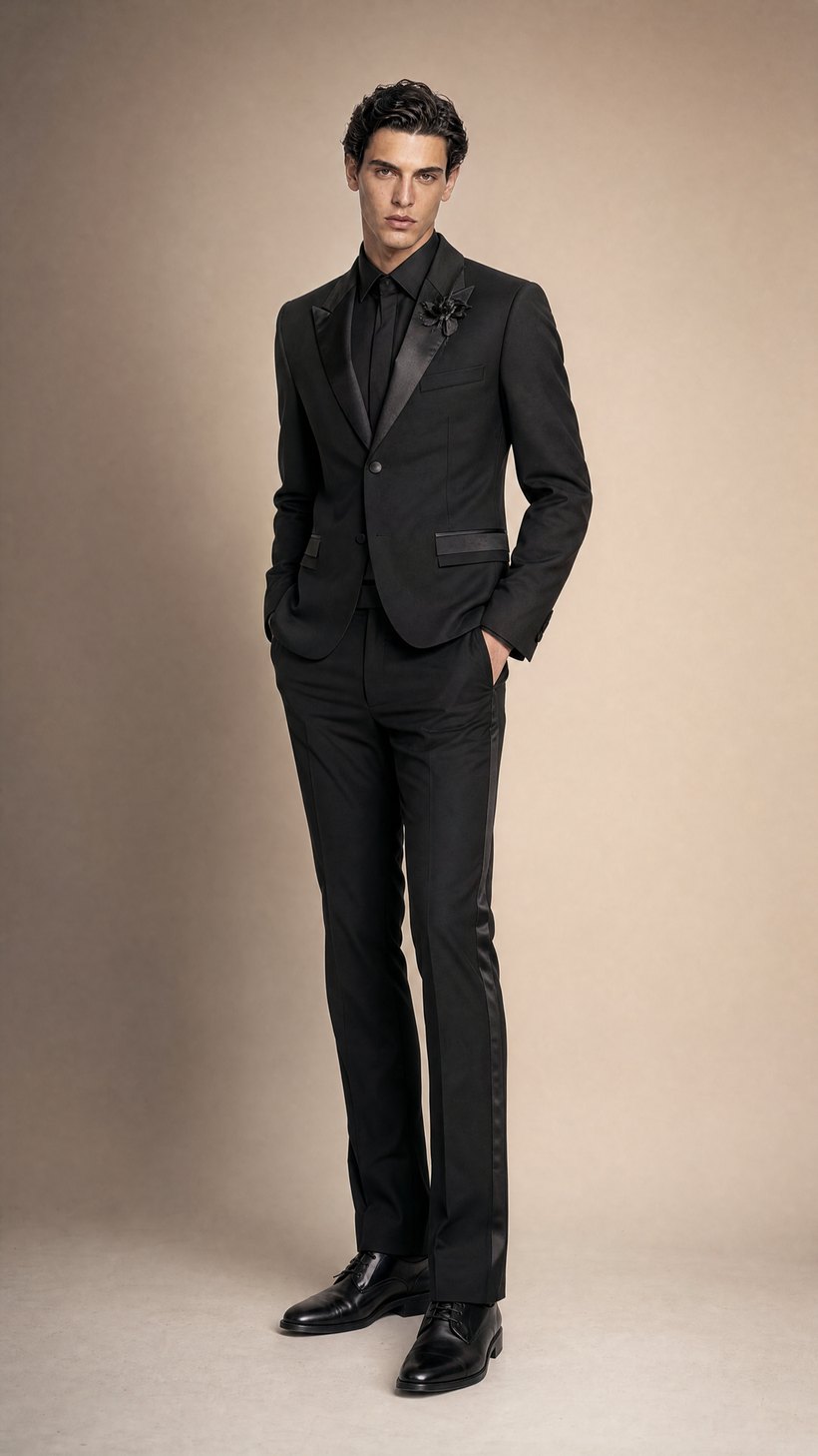 Black Slim Suit with Satin Peak Lapel — Smooth fine Biella-mill wool with satin trim