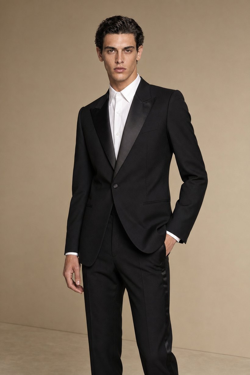 Black Tuxedo with Satin Peak Lapel — front styling