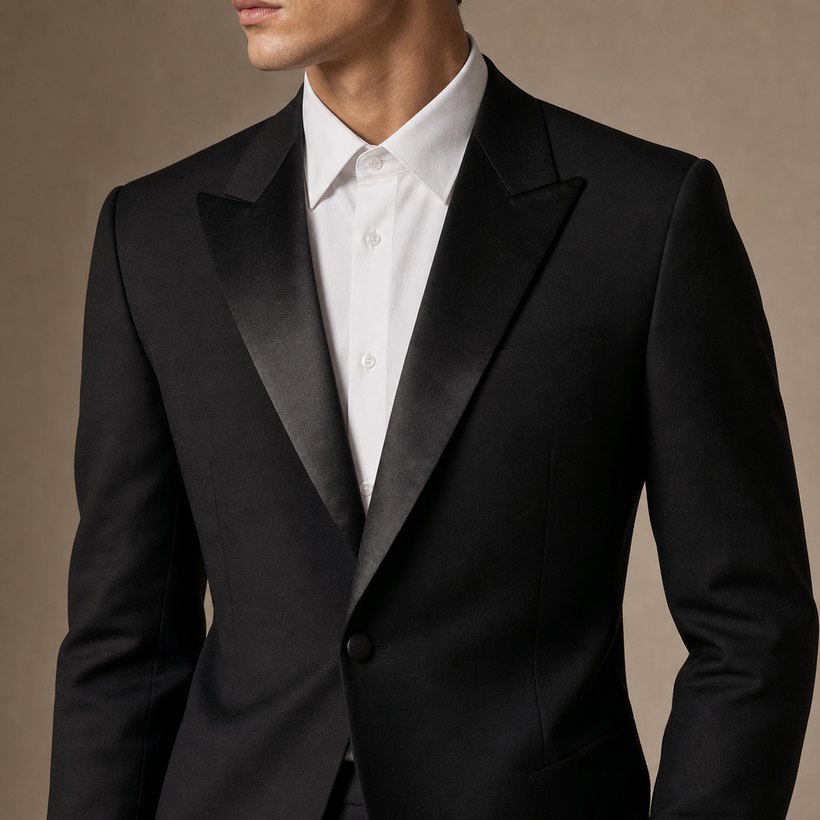 Black Tuxedo with Satin Peak Lapel — lapel and collar detail