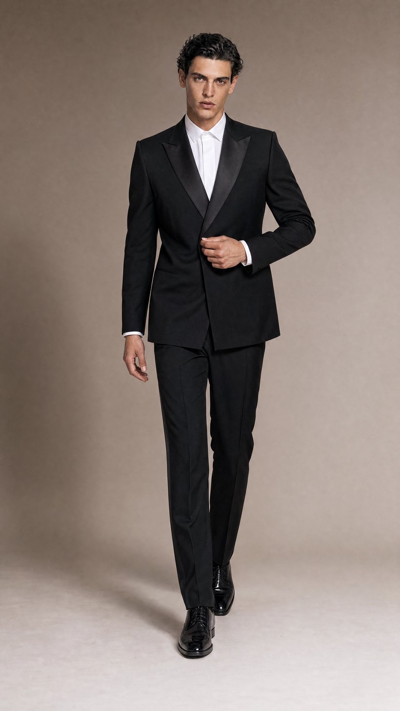 Black Tuxedo with Satin Peak Lapel — construction detail