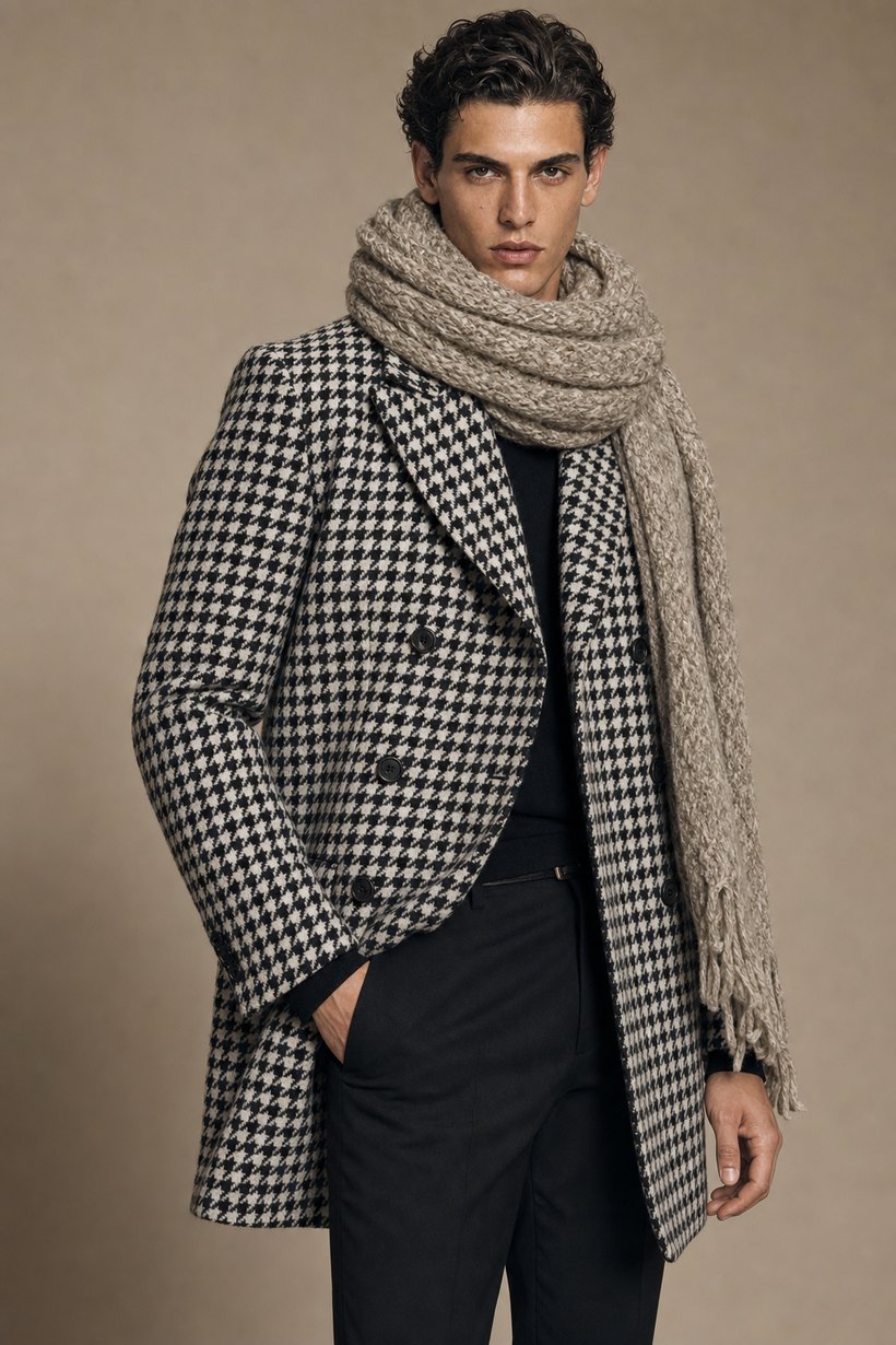 Black & White Houndstooth Double-Breasted Overcoat — front styling