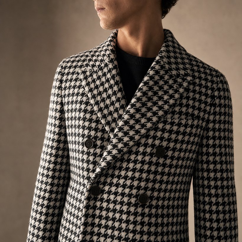 Black & White Houndstooth Double-Breasted Overcoat — lapel and collar detail