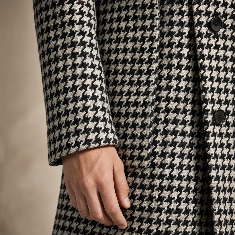 Black & White Houndstooth Double-Breasted Overcoat — fabric close-up