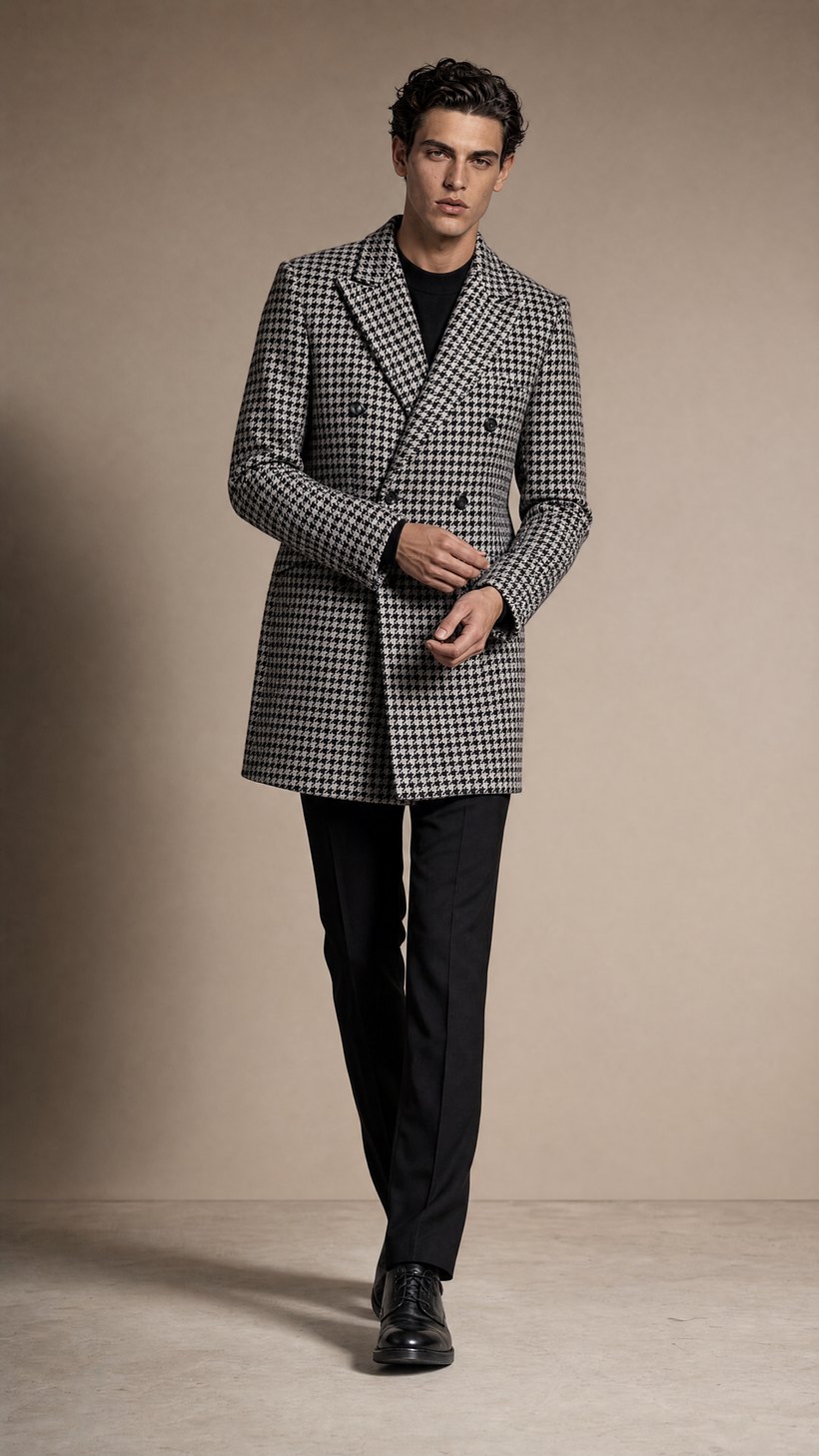 Black & White Houndstooth Double-Breasted Overcoat — construction detail