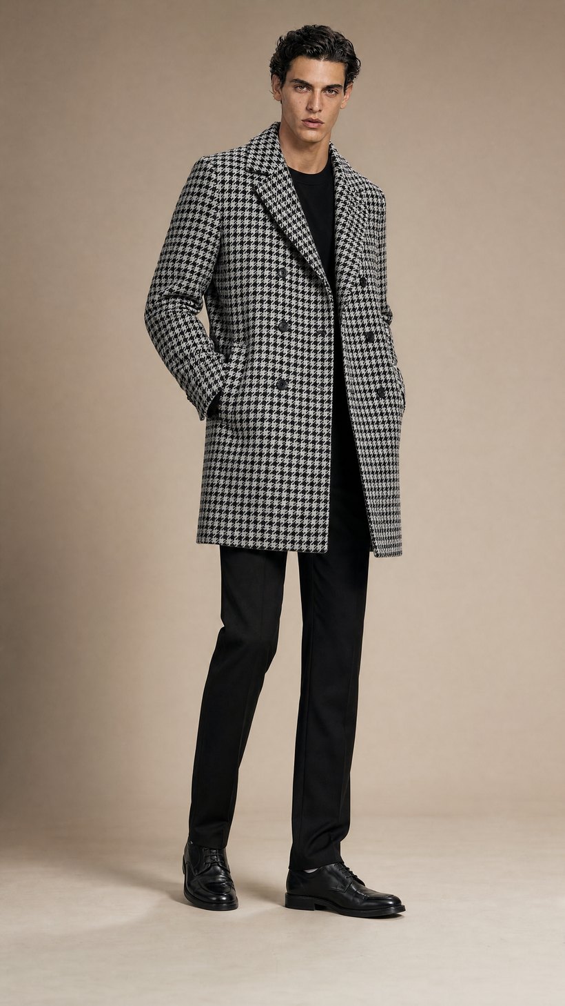 Black & White Houndstooth Double-Breasted Overcoat — Wool tweed