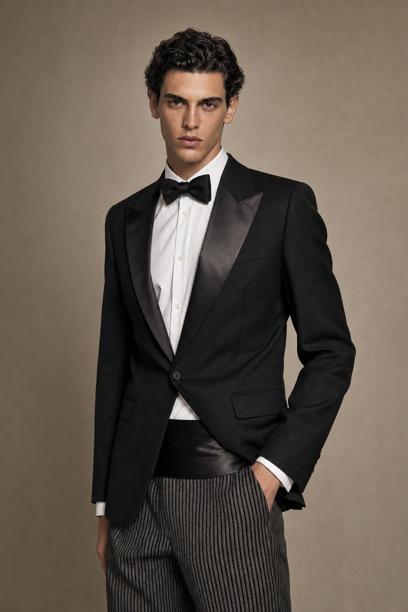 Black Wool Satin-Lapel Tuxedo Jacket — front styling