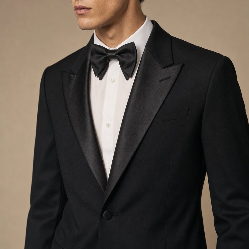Black Wool Satin-Lapel Tuxedo Jacket — lapel and collar detail