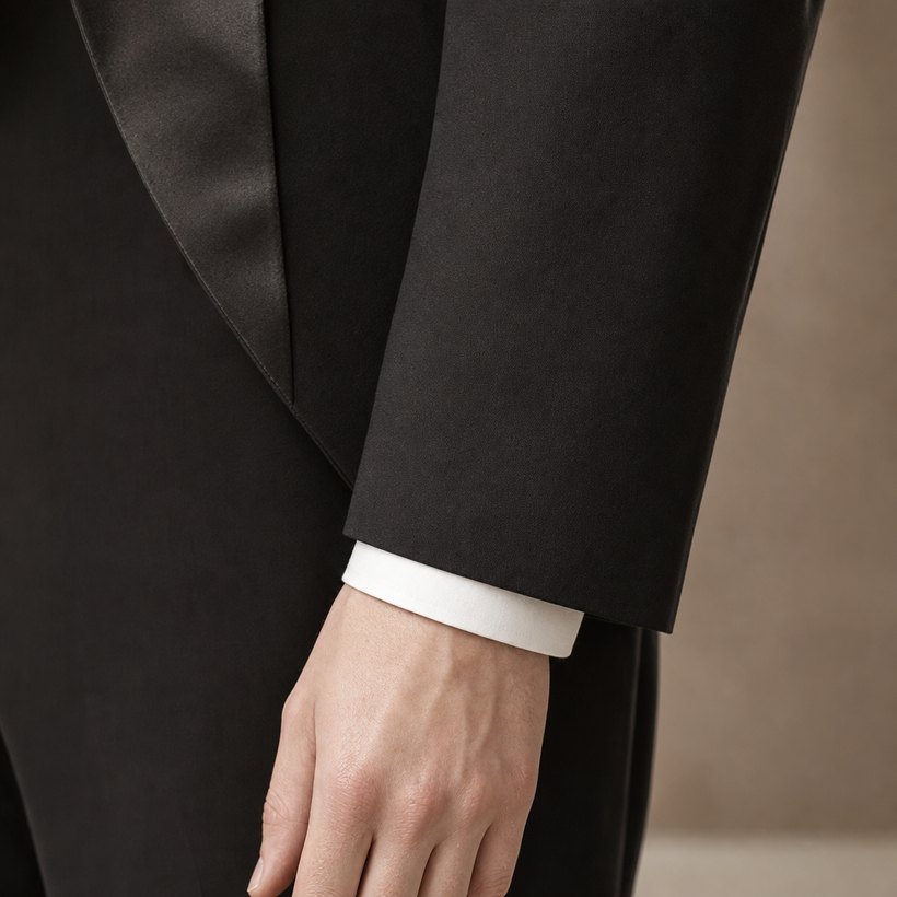 Black Wool Satin-Lapel Tuxedo Jacket — fabric close-up