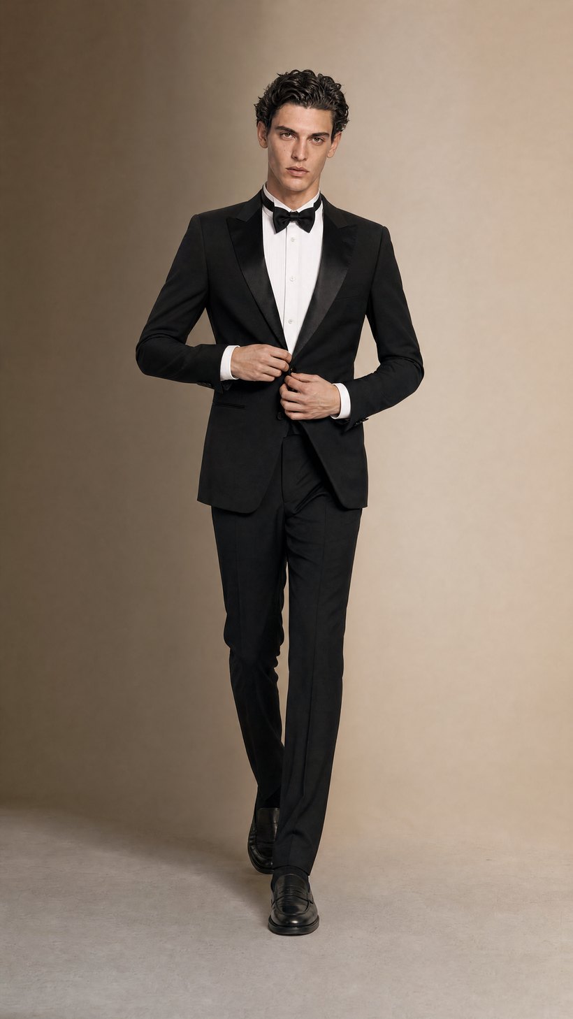 Black Wool Satin-Lapel Tuxedo Jacket — construction detail
