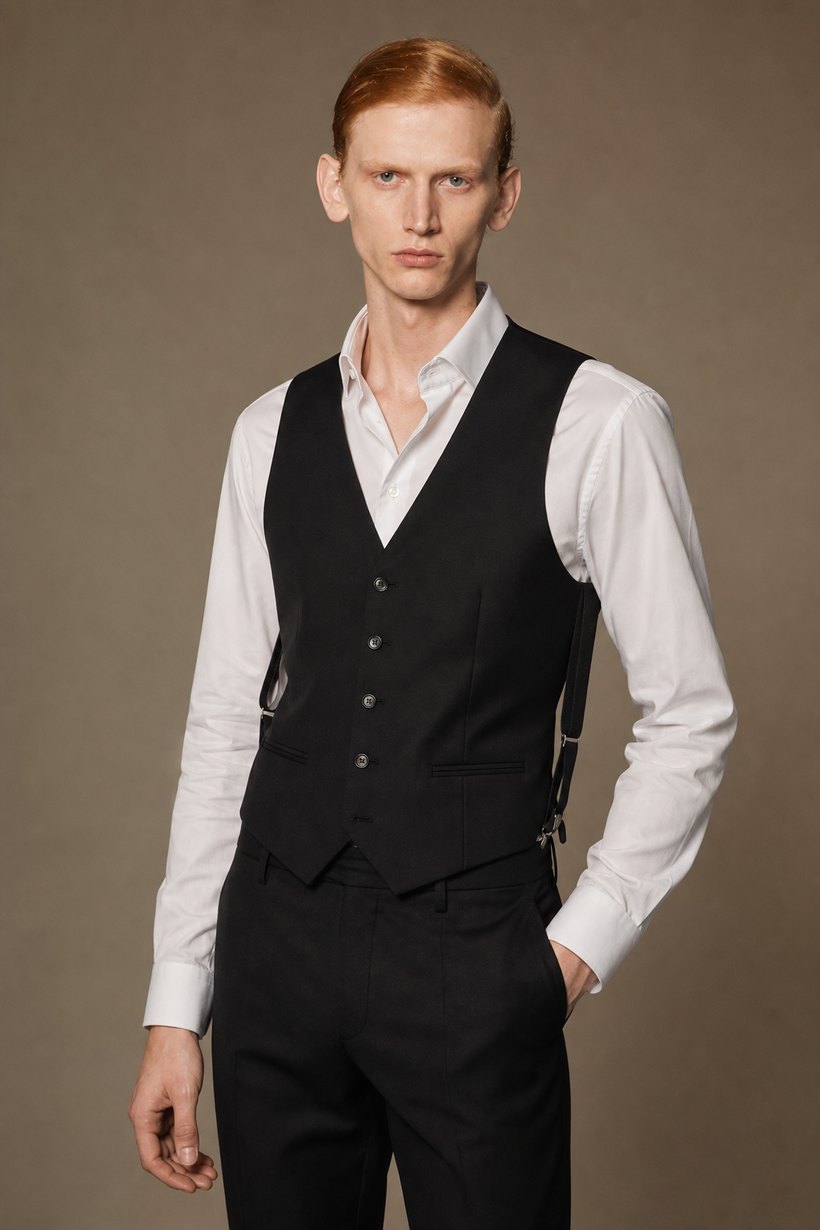 Black Wool Waistcoat Worn as Outer Layer — front styling