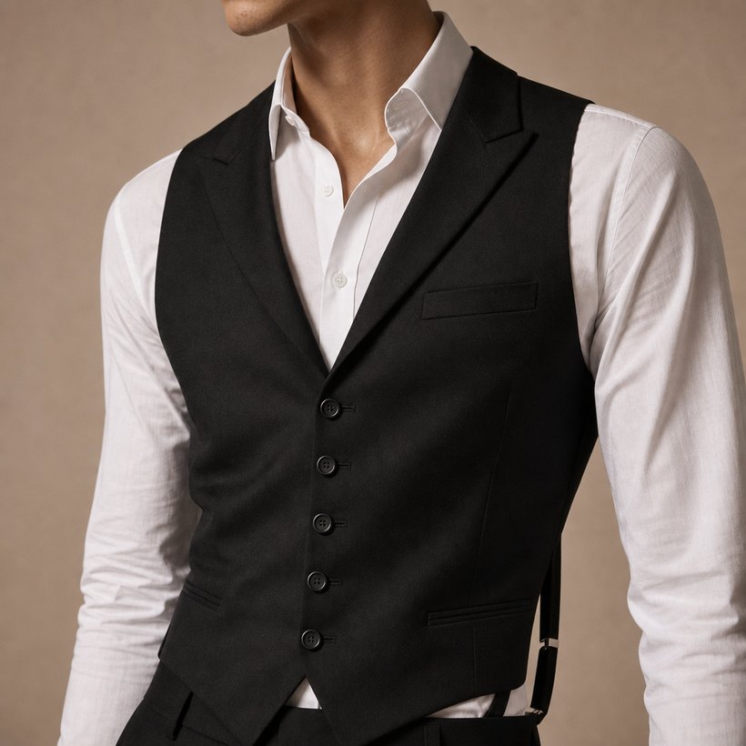 Black Wool Waistcoat Worn as Outer Layer — lapel and collar detail
