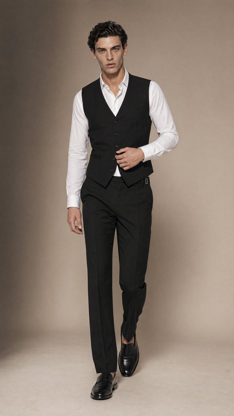 Black Wool Waistcoat Worn as Outer Layer — construction detail