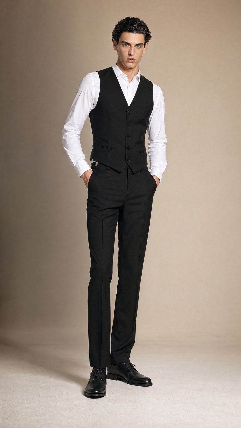 Black Wool Waistcoat Worn as Outer Layer — Tight-weave Biella wool
