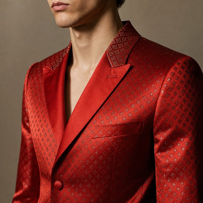 Bright Red Statement Slim Jacket — lapel and collar detail
