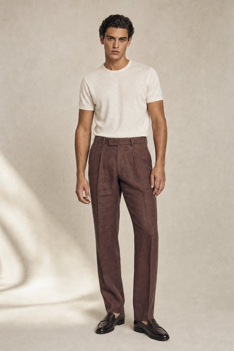 Brown Linen-Lyocell Trousers — front styling