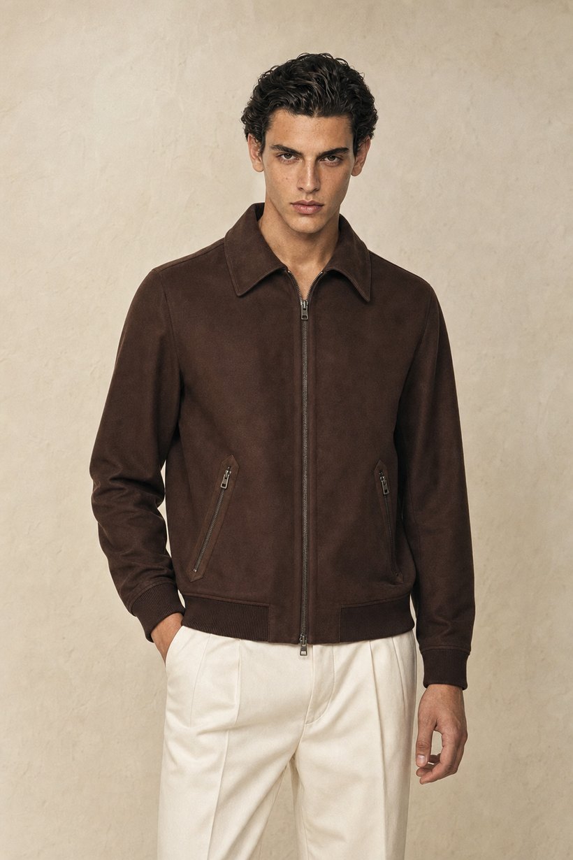 Brown Linen-Viscose Bomber Jacket — Linen-Viscose