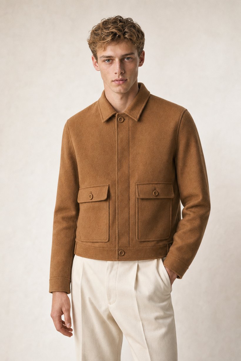 Camel Cashmere-Wool Blazer — lapel and collar detail