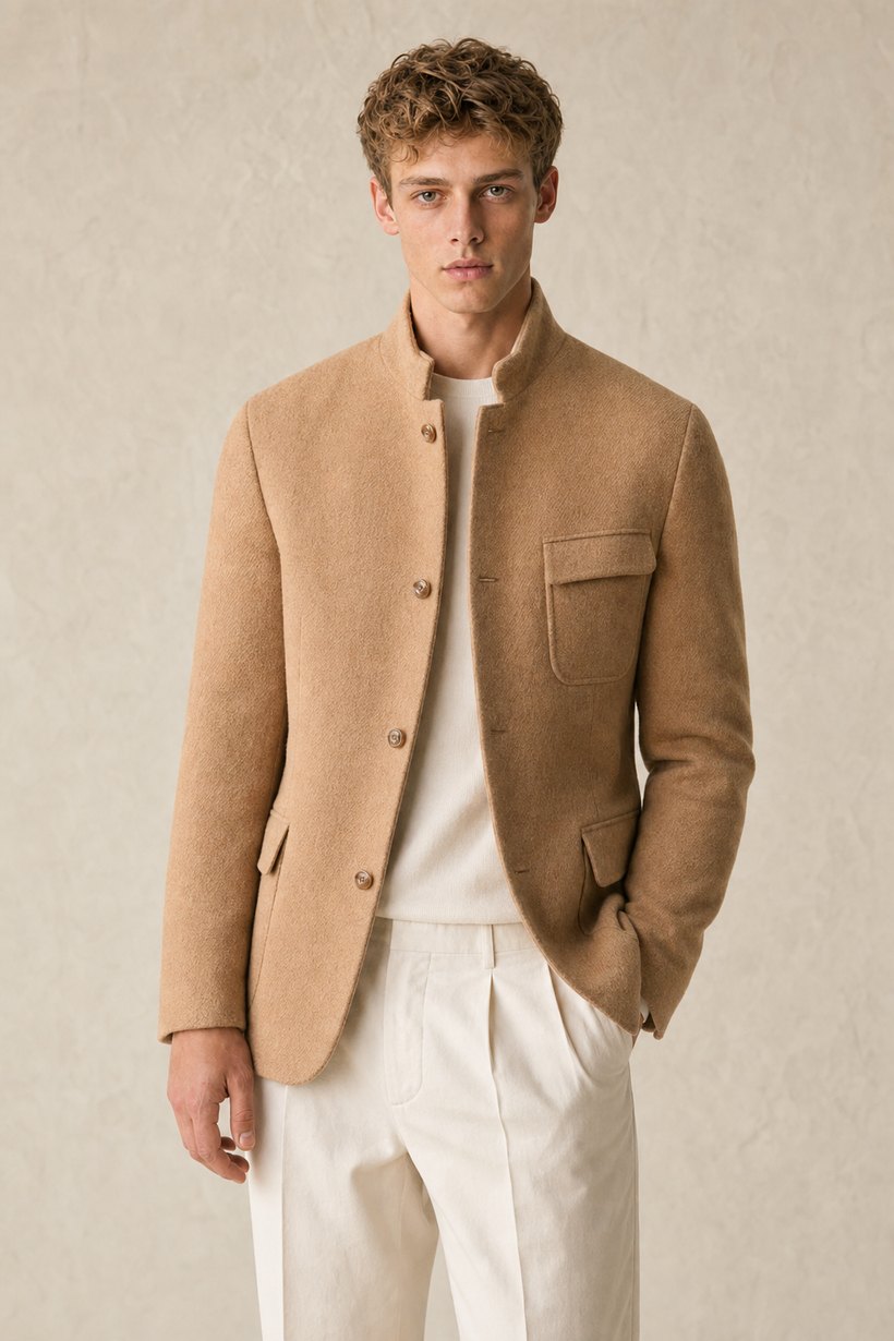Camel Cotton Blend Field Jacket — lapel and collar detail