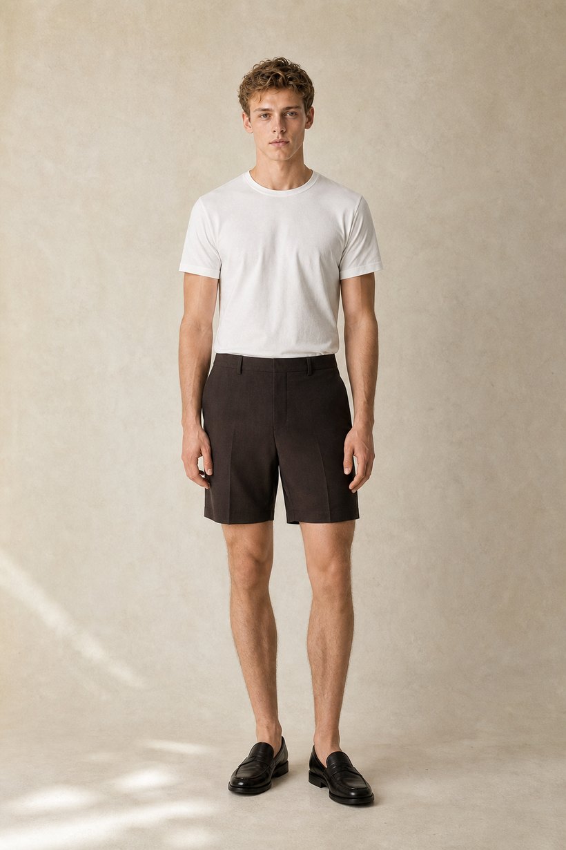 Camel Linen Tailored Shorts — Linen