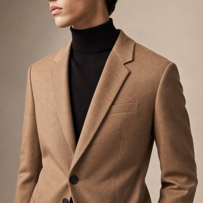 Caramel Tan Slim Wool Blazer — lapel and collar detail