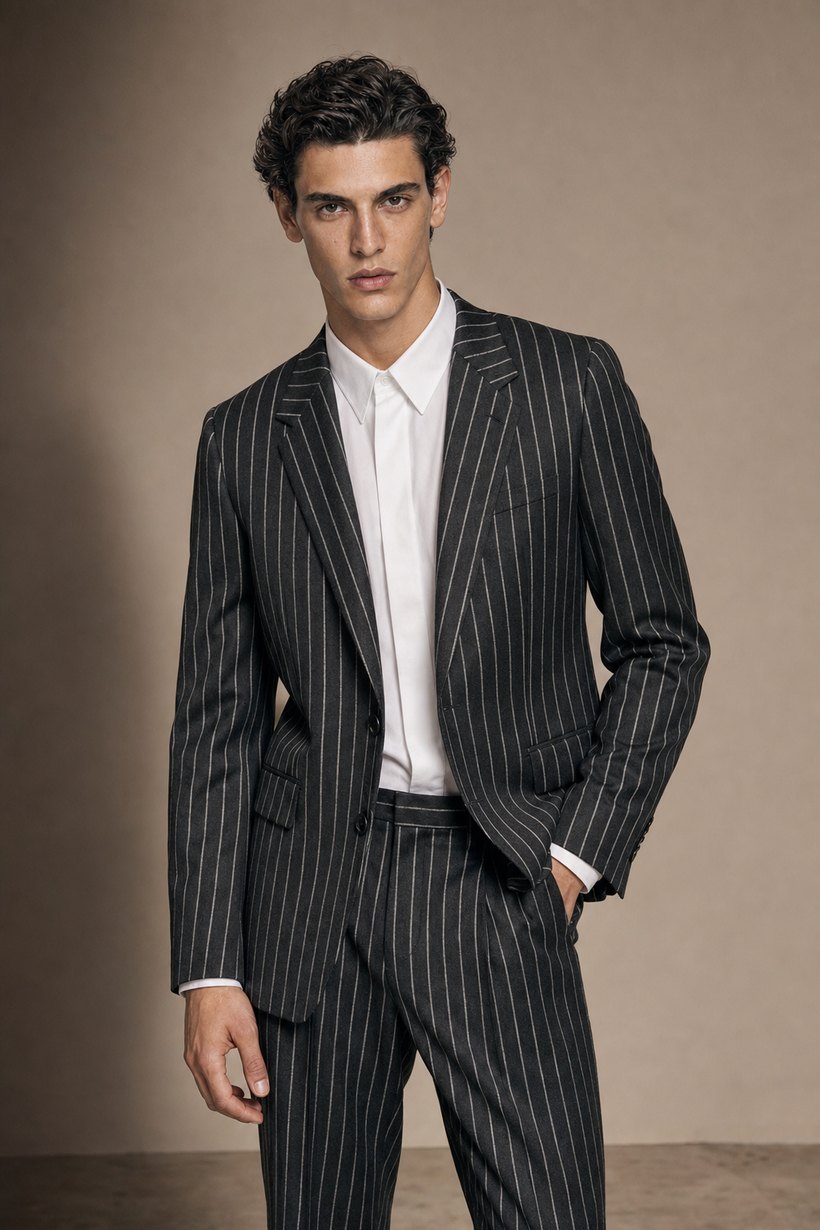 Charcoal Bold Pinstripe Single-Breasted Suit — front styling
