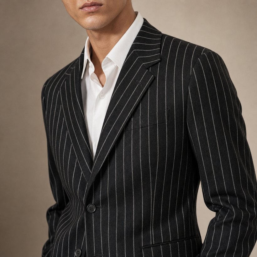Charcoal Bold Pinstripe Single-Breasted Suit — lapel and collar detail