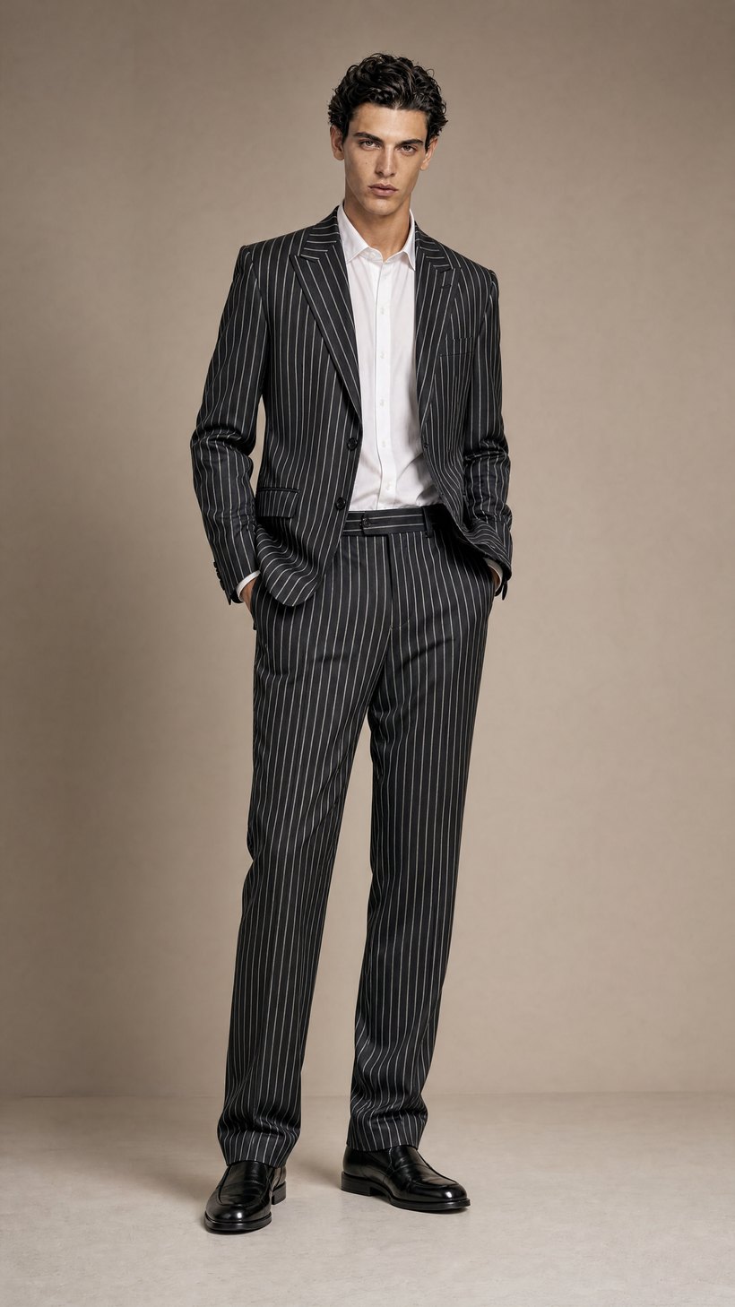 Charcoal Bold Pinstripe Single-Breasted Suit — Worsted Biella-mill wool