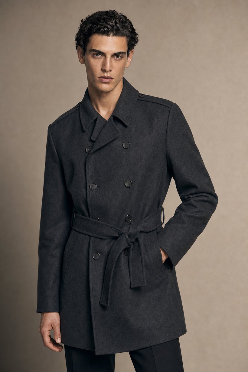 Charcoal Double-Breasted Belted Wool Topcoat — front styling