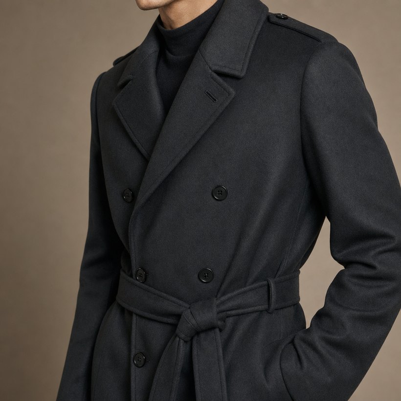 Charcoal Double-Breasted Belted Wool Topcoat — lapel and collar detail