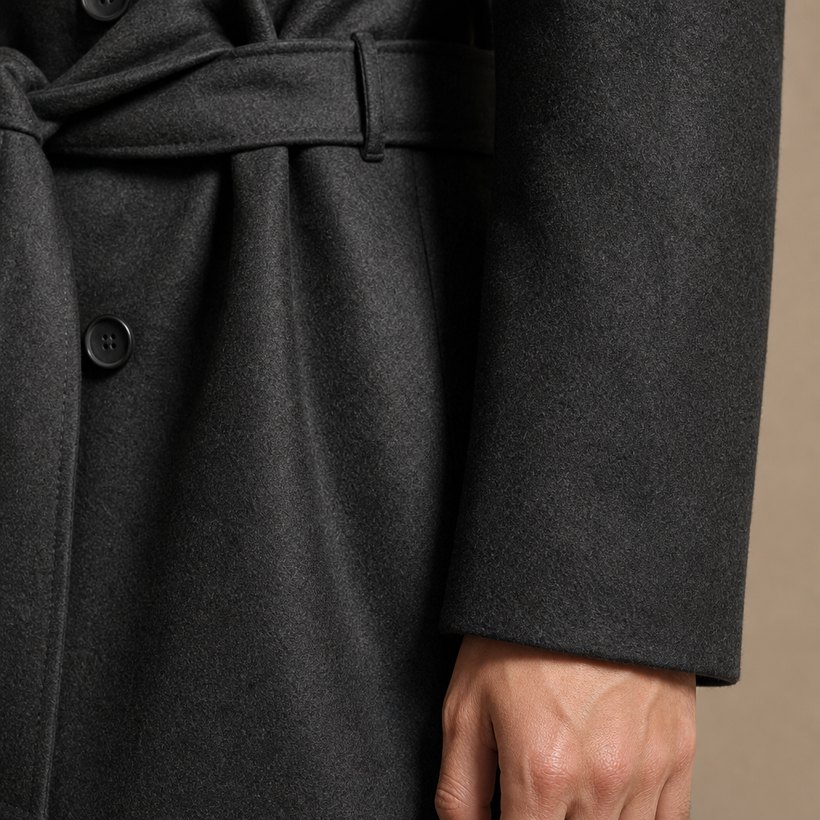 Charcoal Double-Breasted Belted Wool Topcoat — fabric close-up