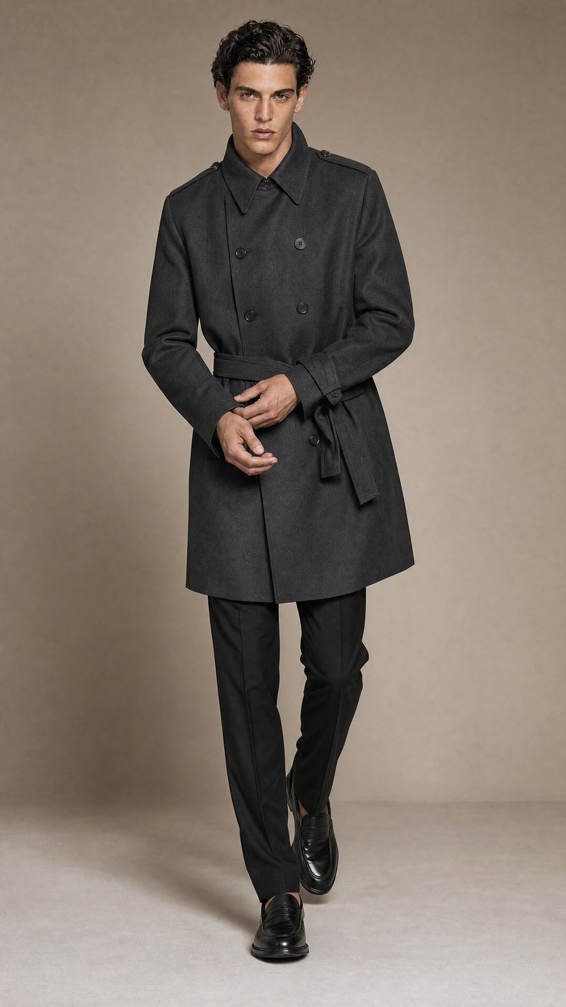 Charcoal Double-Breasted Belted Wool Topcoat — construction detail