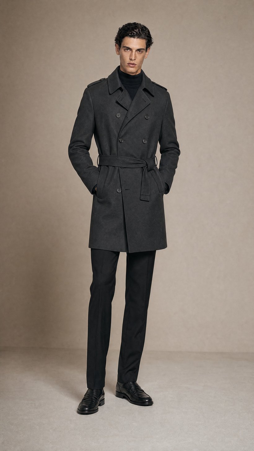 Charcoal Double-Breasted Belted Wool Topcoat — European wool