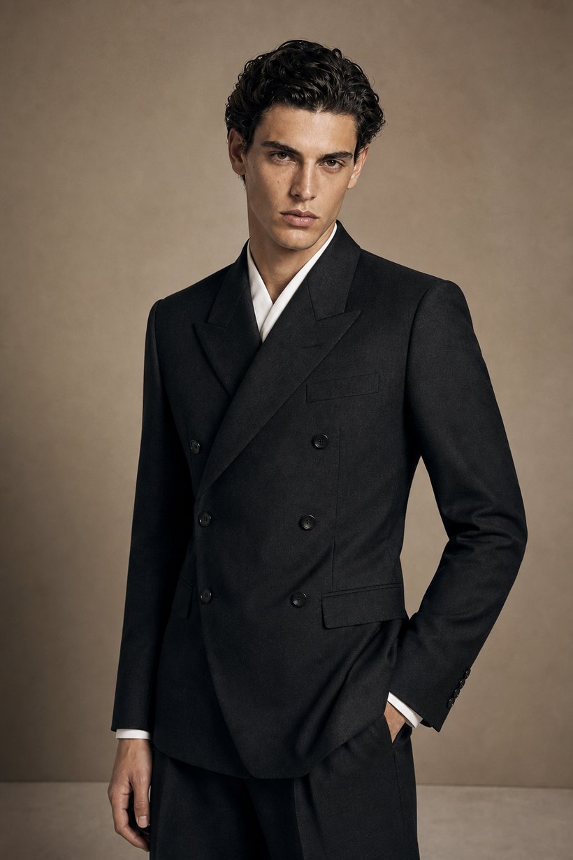 Charcoal Double-Breasted Peak-Lapel Suit — front styling
