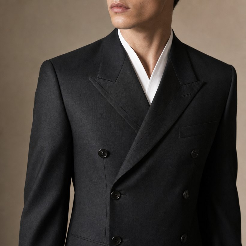 Charcoal Double-Breasted Peak-Lapel Suit — lapel and collar detail