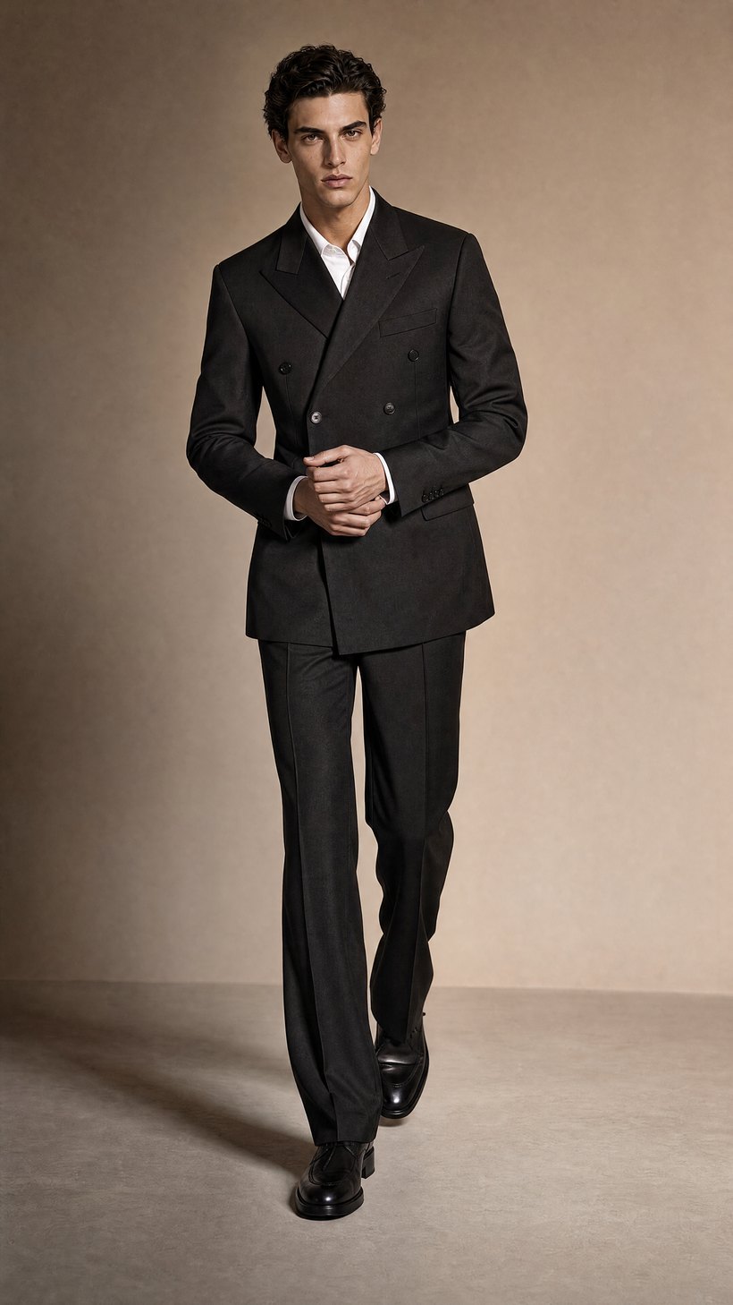 Charcoal Double-Breasted Peak-Lapel Suit — construction detail