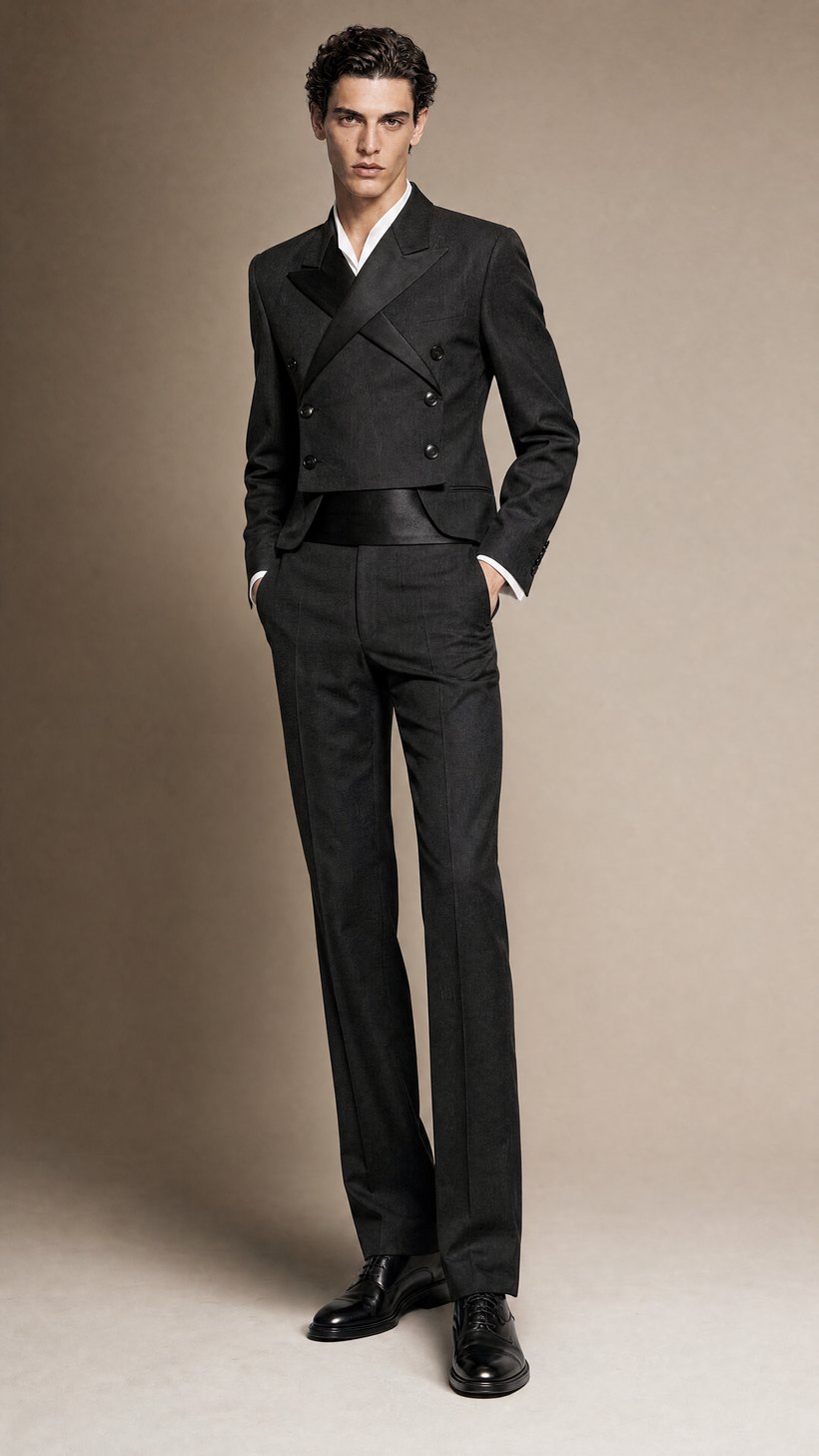 Charcoal Double-Breasted Peak-Lapel Suit — Smooth solid European wool