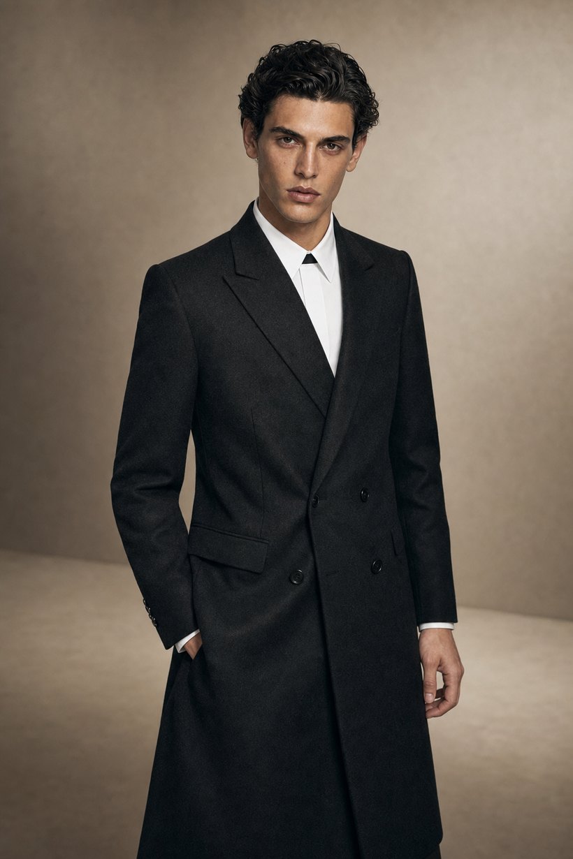 Charcoal Double-Breasted Wool Overcoat — front styling