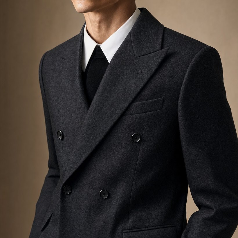 Charcoal Double-Breasted Wool Overcoat — lapel and collar detail