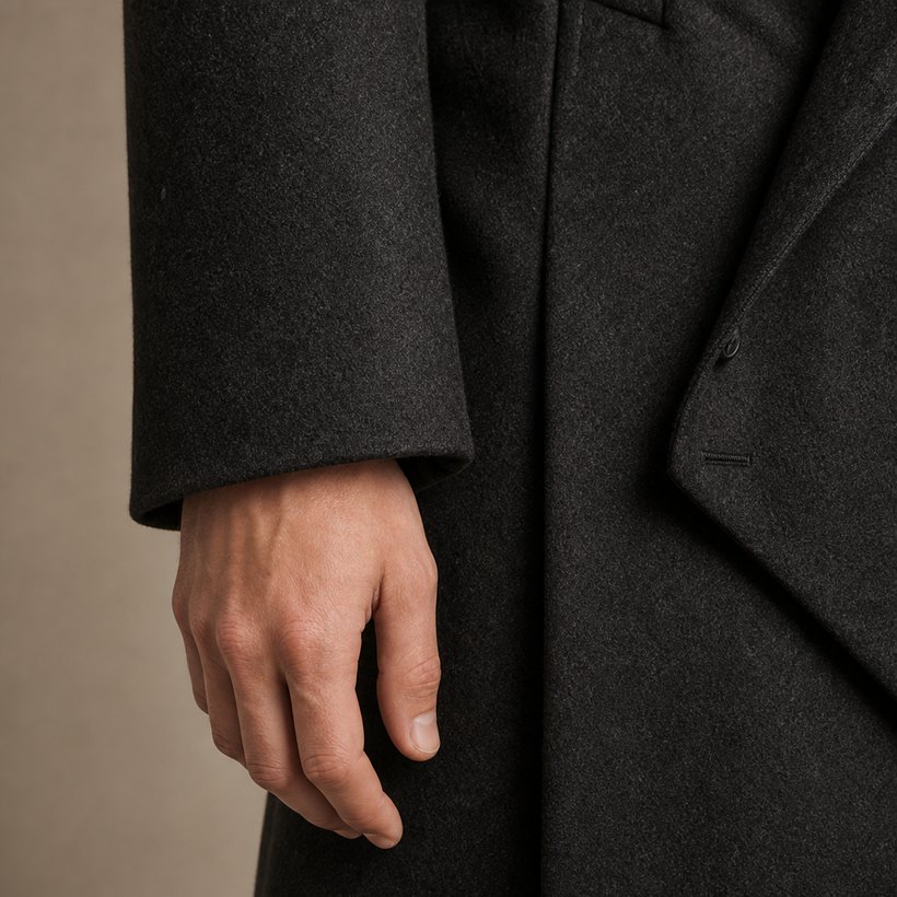 Charcoal Double-Breasted Wool Overcoat — fabric close-up