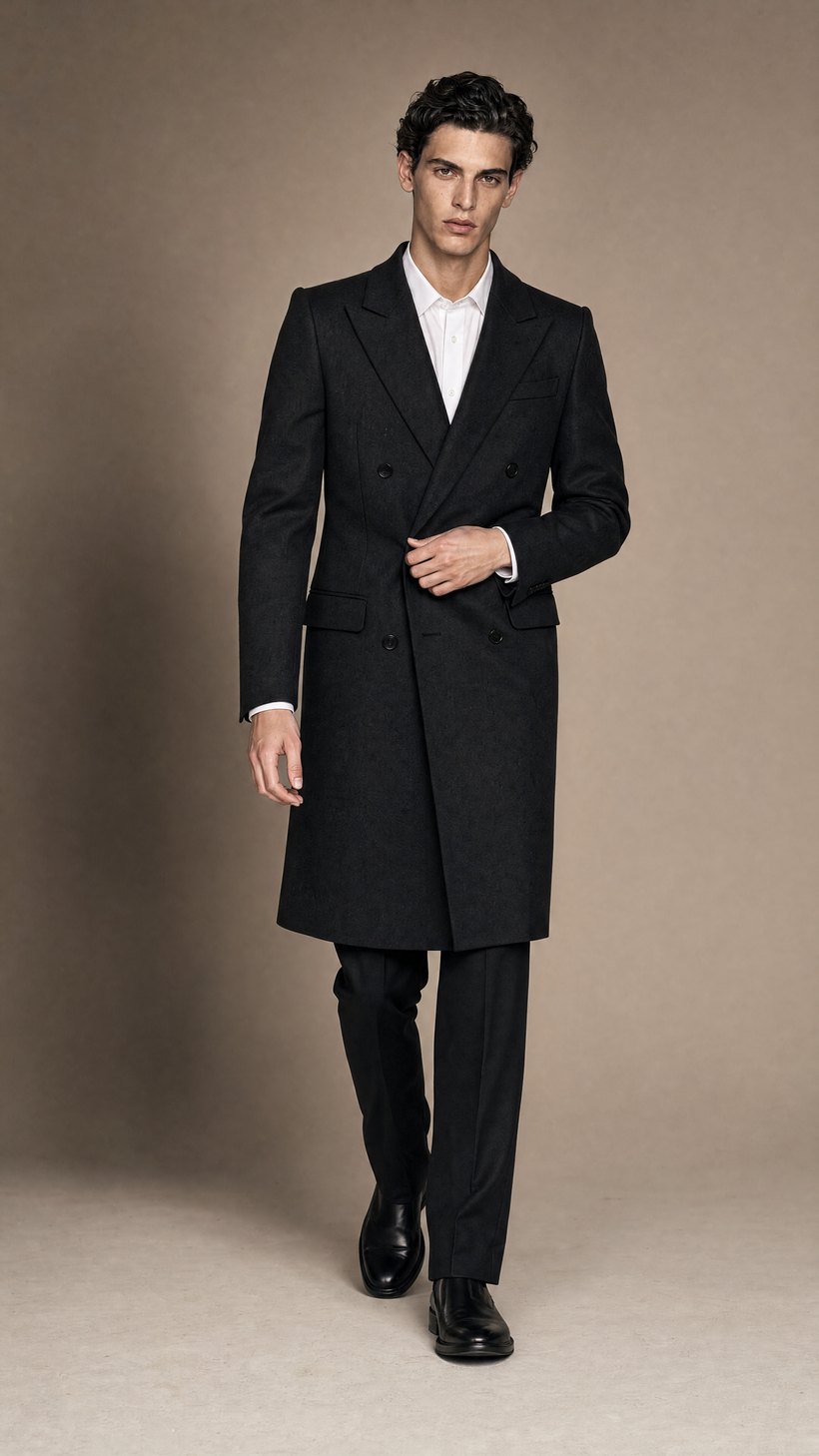 Charcoal Double-Breasted Wool Overcoat — construction detail