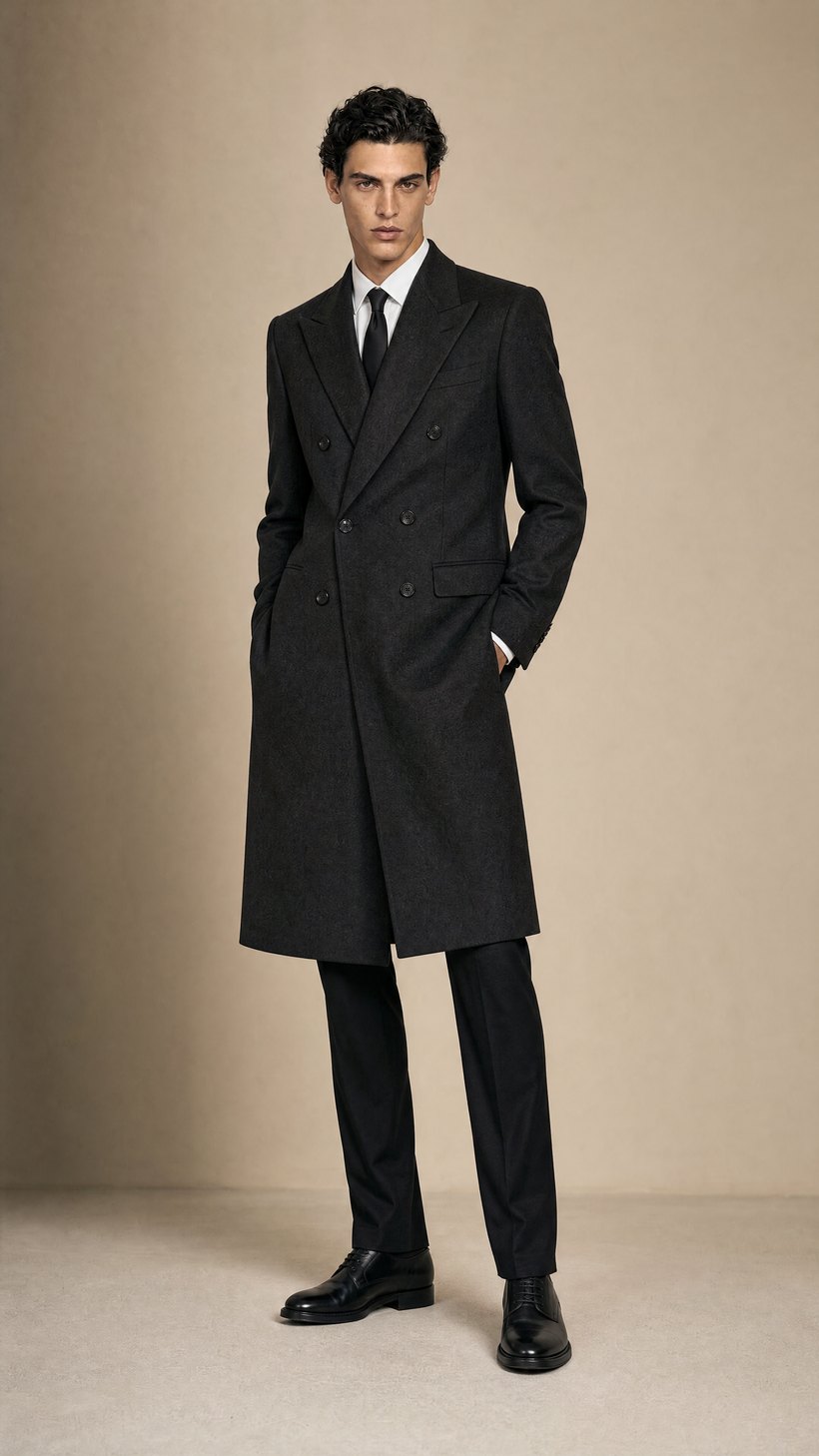 Charcoal Double-Breasted Wool Overcoat — Biella valley European wool
