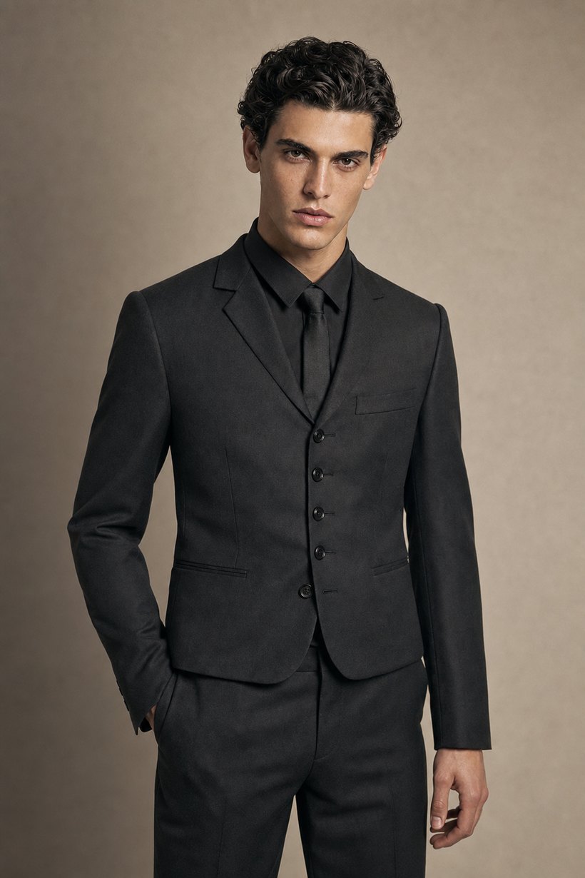 Charcoal Five-Button Military-Cut Slim Blazer — front styling