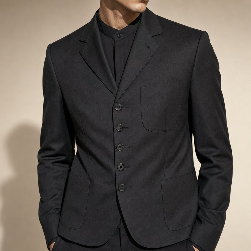 Charcoal Five-Button Military-Cut Slim Blazer — lapel and collar detail