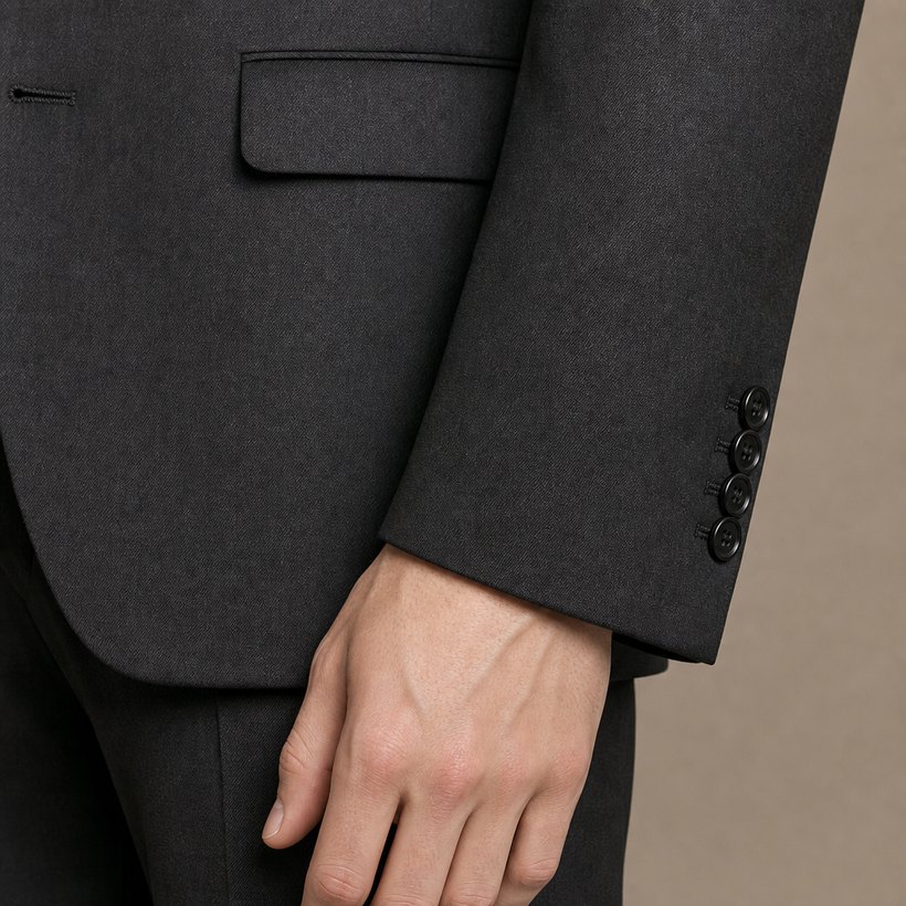 Charcoal Five-Button Military-Cut Slim Blazer — fabric close-up