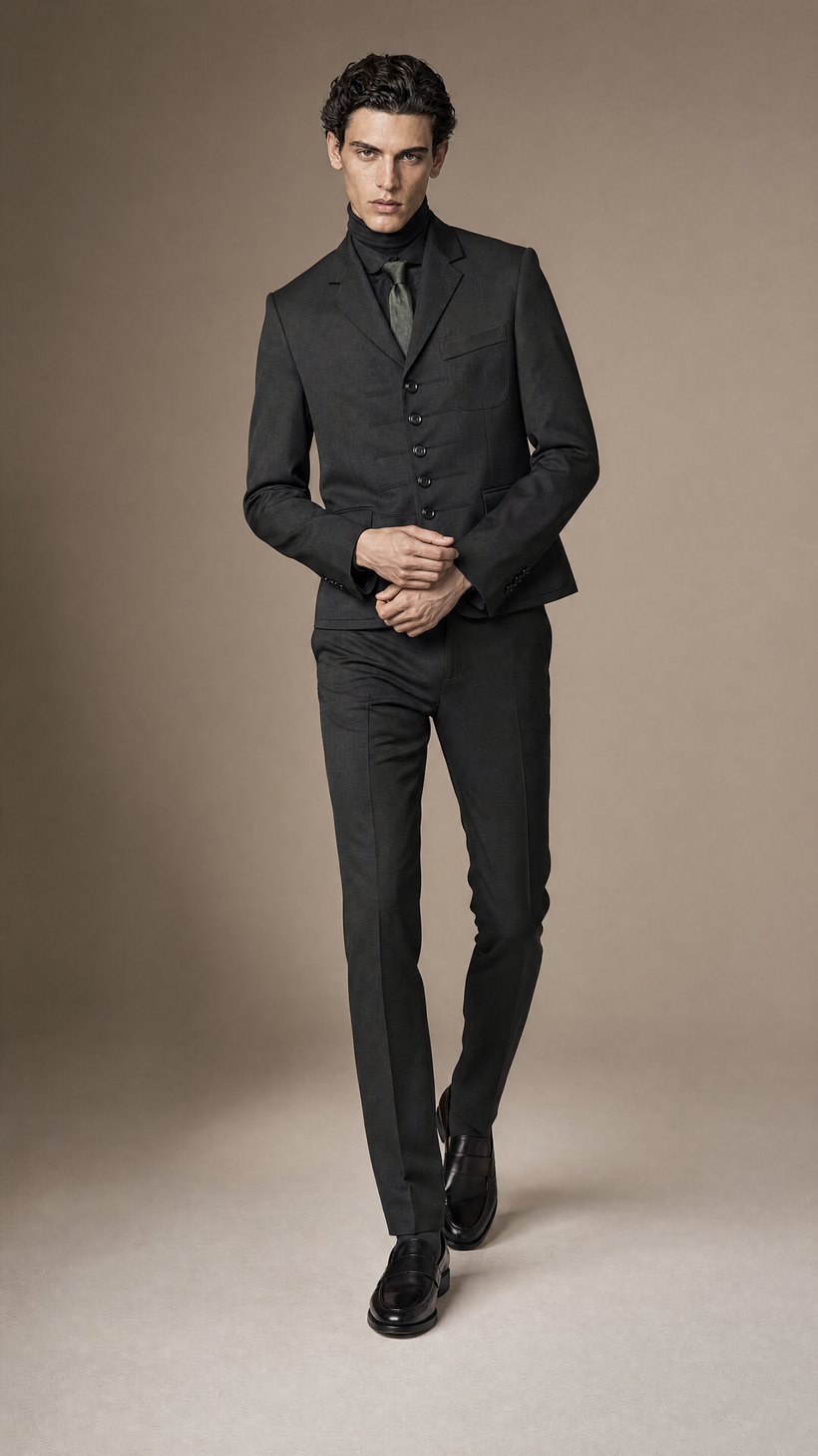 Charcoal Five-Button Military-Cut Slim Blazer — construction detail