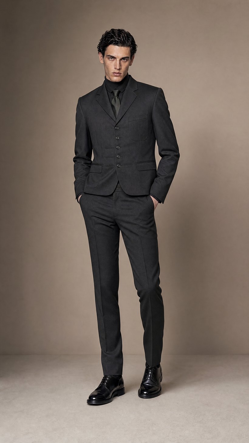 Charcoal Five-Button Military-Cut Slim Blazer — Plain-weave European wool